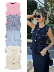 HH 2025 Woman Button Pockets Decoration Casual Slim Waistcoat Top Women Chic O-Neck Sleeveless Texture Vest Top Mujer