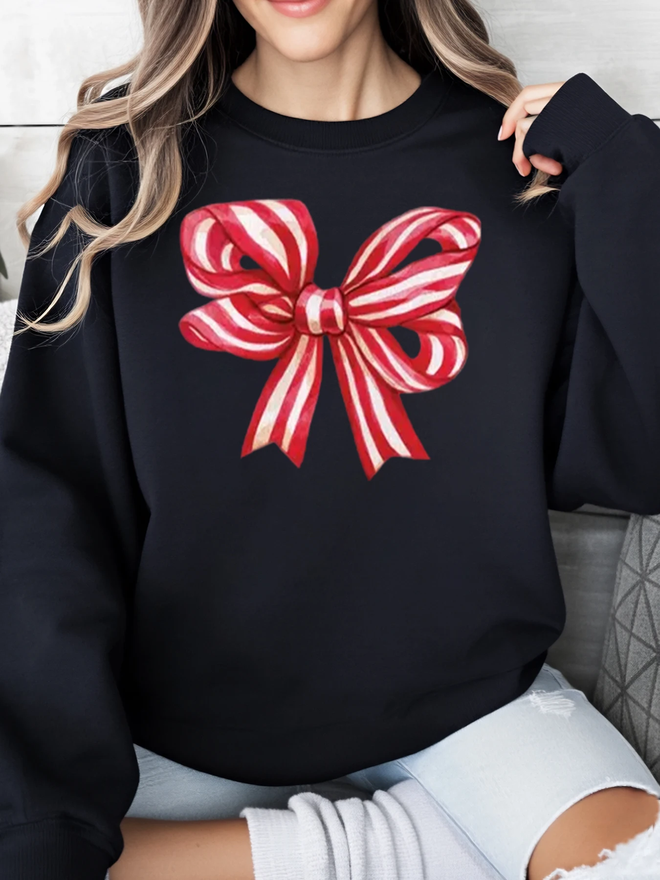 

Рождественский свитшот с принтом конфетной трости и бантом, женская повседневная праздничная одежда, черный, больших размеров