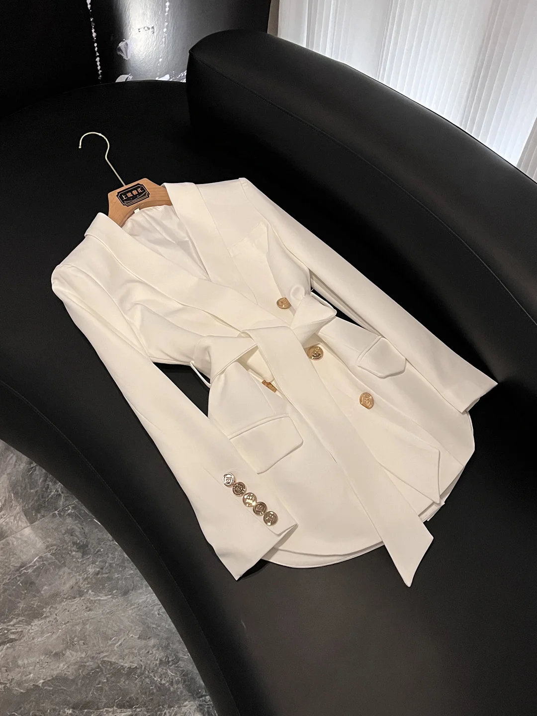 

Двубортный костюм-джат металлик с поясом, женское длинное пальто Све знаменитостей с воротником-стойкой для поездок на работу Faion