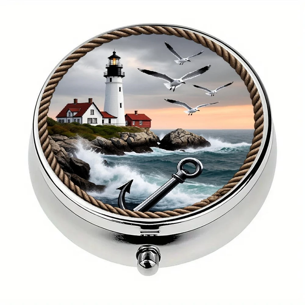 This Two-Dimensional Medicine Box Is Designed with a Lighthouse and Coastal Landscape Theme, Decorated with Images of Seagulls and Anchors. It Has Three Compartments, Is Portable and Safe, and Can Be Placed in a Wallet or Pocket, Making It an Ideal Choice for Carrying When You'Re on the Go.