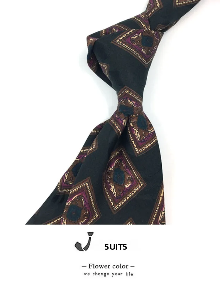 ワイドエディション-メンズ-レトロ-シルクプリントネクタイ-ブラックダイヤモンドブロック-スモール-イタリアンスタイル-薄型-0cm幅ネクタイ-花柄-ビジネススタイル