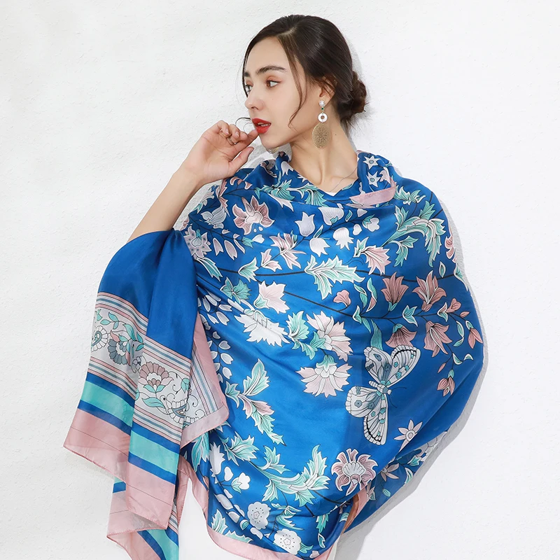 New Blue Silk Luxury Brand Bandana Scarf Women Fashion Designer Shawls Hijab Foulard Femme Pashmina 2022