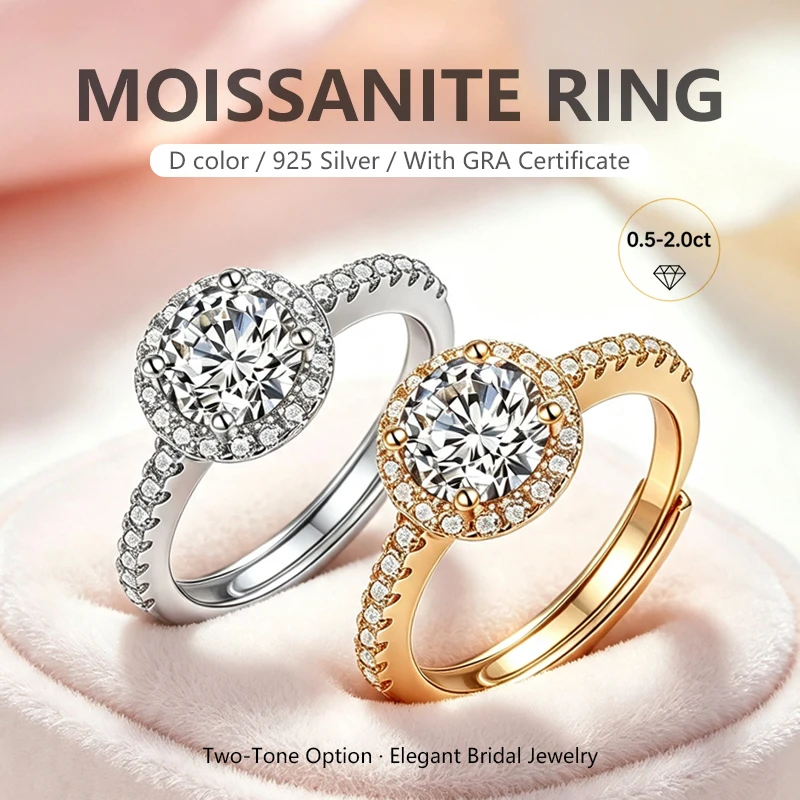 D VVS1 Moissanite Adjustable Rings With GRA Certificate Pass Diamond Tester S925 Sterling Silver For Man And Women As Gift