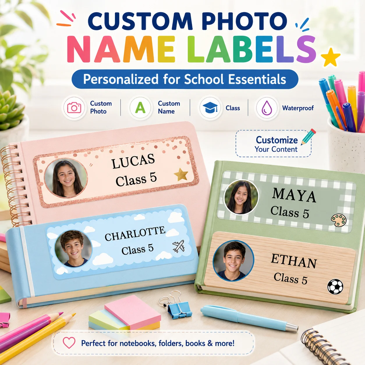 Customized Back-To-School Photo Name Stickers, Custom Text Labels, Personalized Labels for Schools, Offices, Water Bottles, Pencils - Non-Curling Adhesive Waterproof Name Tags, School Classroom Backpacks, Luggage, Back-To-School Gifts for Sons and Daughters