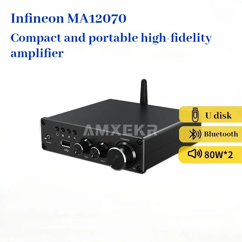 AMXEKR Infineon MA12070 HiFi Digital Amplifier Bluetooth 5.0 USB ES9023 Low Distortion 80W*2 Home Theater