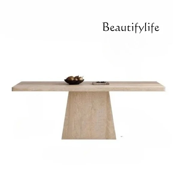 

French retro travertine rock slab dining table hanging rectangular designer travertine dining table dining chair combination