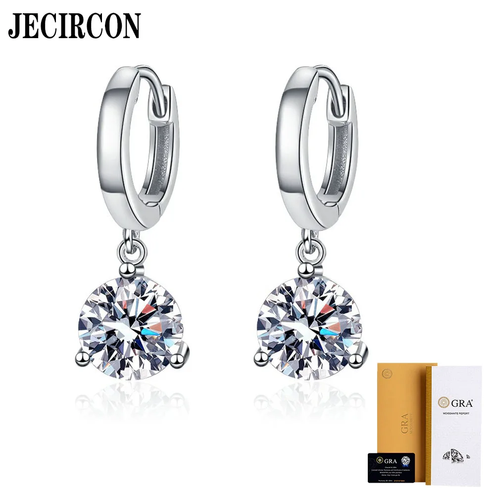 JECIRCON S925 Sterling Silver Drop Earrings Female Classic 3-Claw D Color Moissanite Ear Pendants Light Luxury Diamond Jewelry