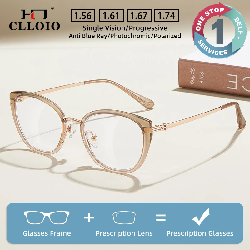 CLLOIO New Fashion Casual Style Prescription Glasses Anti Blue Light Alloy Cat Eye Myopia Glasses Progressive Reading Eyewear