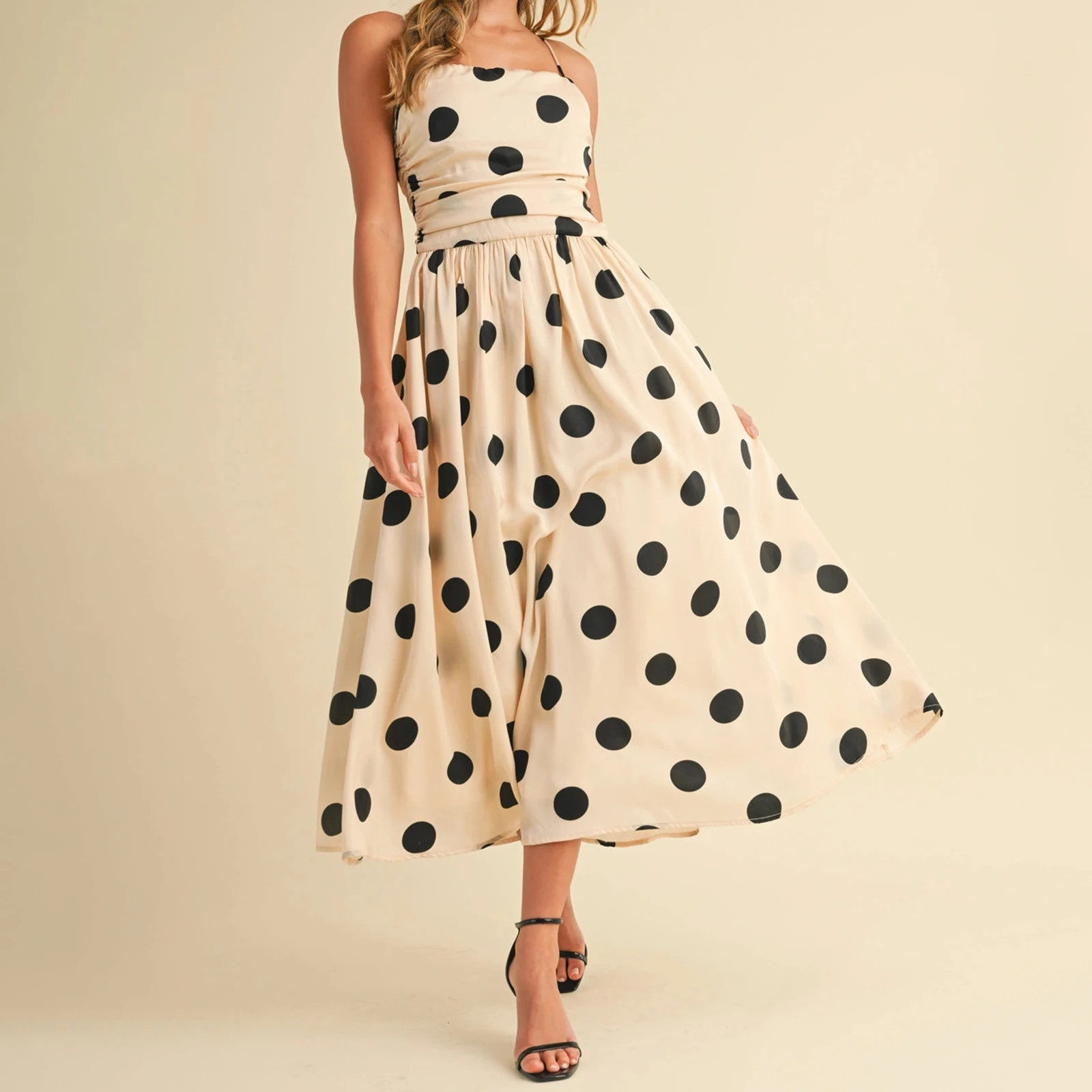 Vestido Midi acampanado con tirantes finos y cuello cuadrado fruncido para mujer, vestido camisola con estampado de puntos a la moda para viajes de fiesta diarios