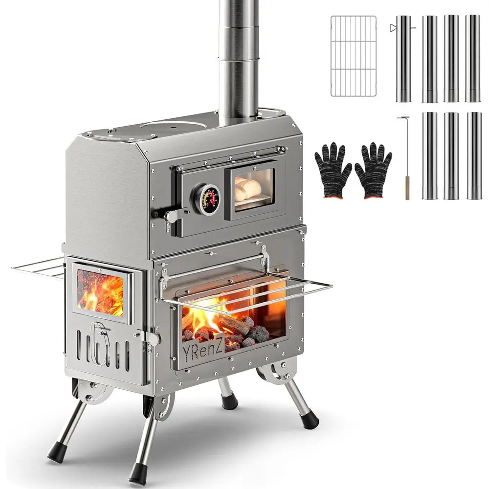 

2-in-1 Outdoor Camping Oven & Stove, Stainless Steel, Oven with Glass Door, Anti-Slip Feet, Full Accessories