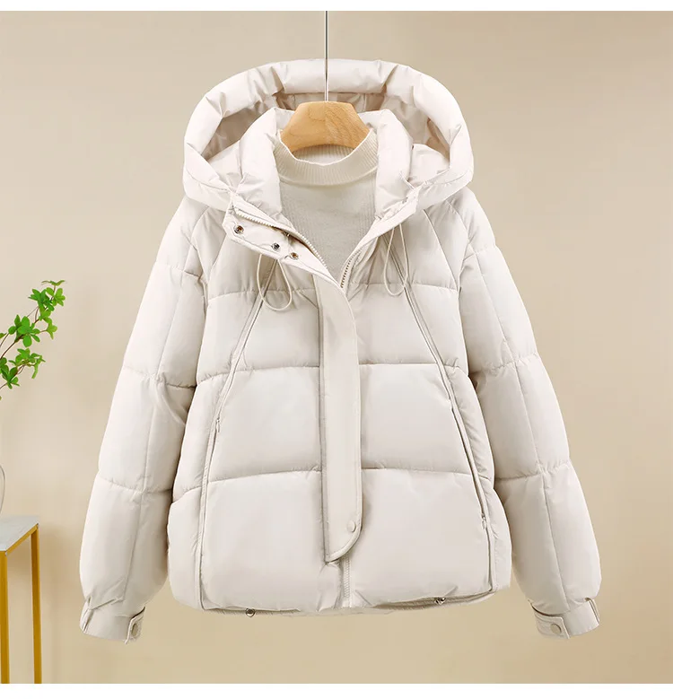 Women Short Oversize Parkas Coats Hooded Jacket Solid Drawstring Hem Zipper Looose Fit Thick Casual Office Lady Winter 2025