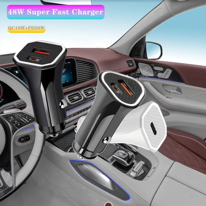 مربع تصميم 48 واط 1/2 ميناء شاحن سيارة فائق مع PD30W QC3.0 شحن سريع للغاية USB سيارة ولاعة السجائر محول للهواتف