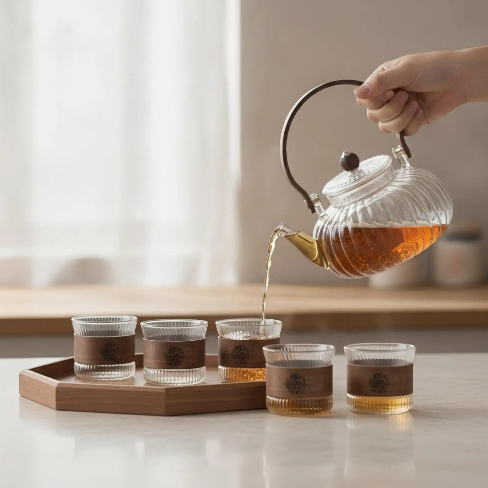 Heat Resistant Teapot Premium Glass Tea Pot Set Ribbed Design Matching Lid Heat Safe Cups and Tray for Elegant Serving