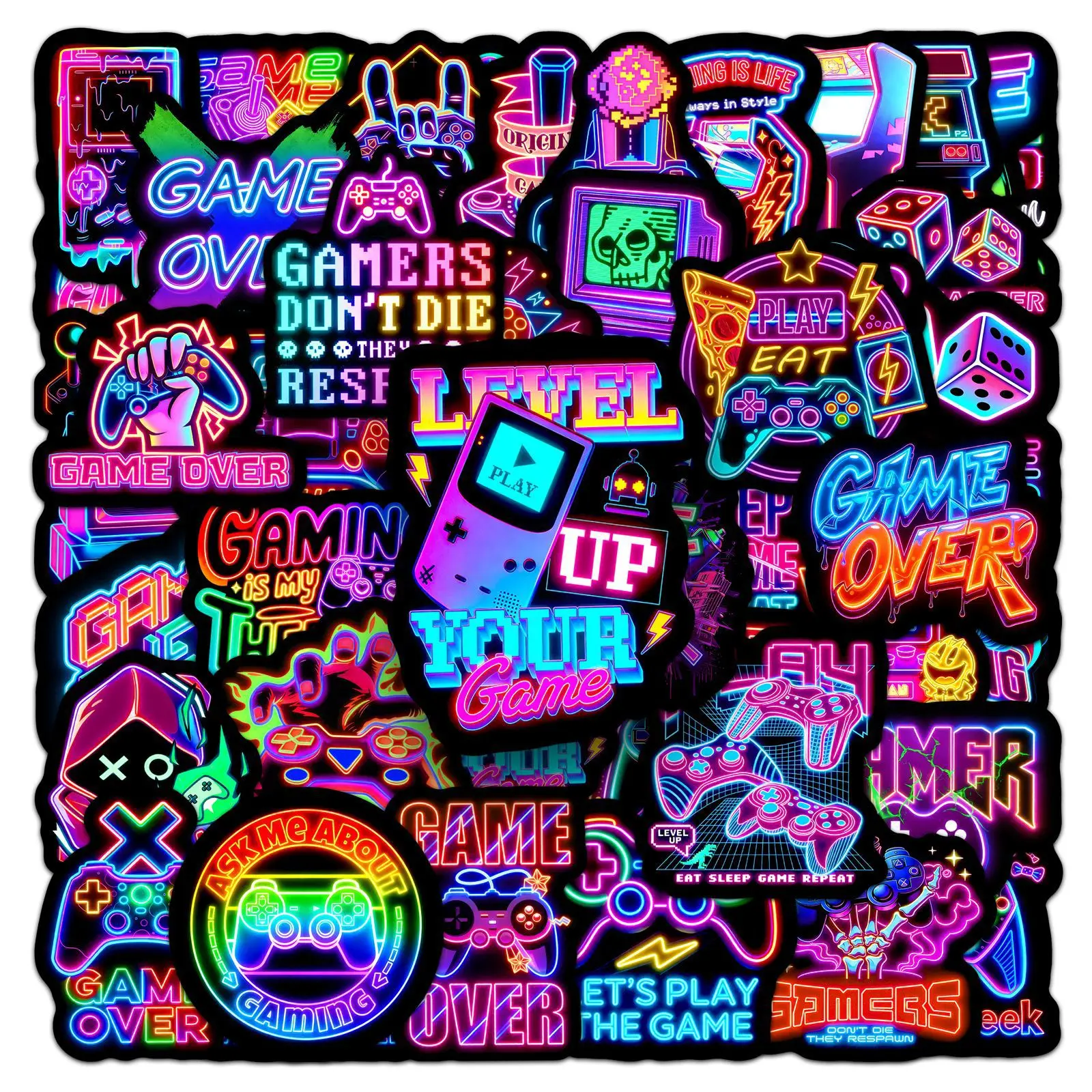 50 Stück Kreative Neon-Videospiel-Cartoon-Aufkleber, Wasserfest, DIY Skateboard Handy Laptop Gitarre Coole Graffiti-Sticker, Verpackung