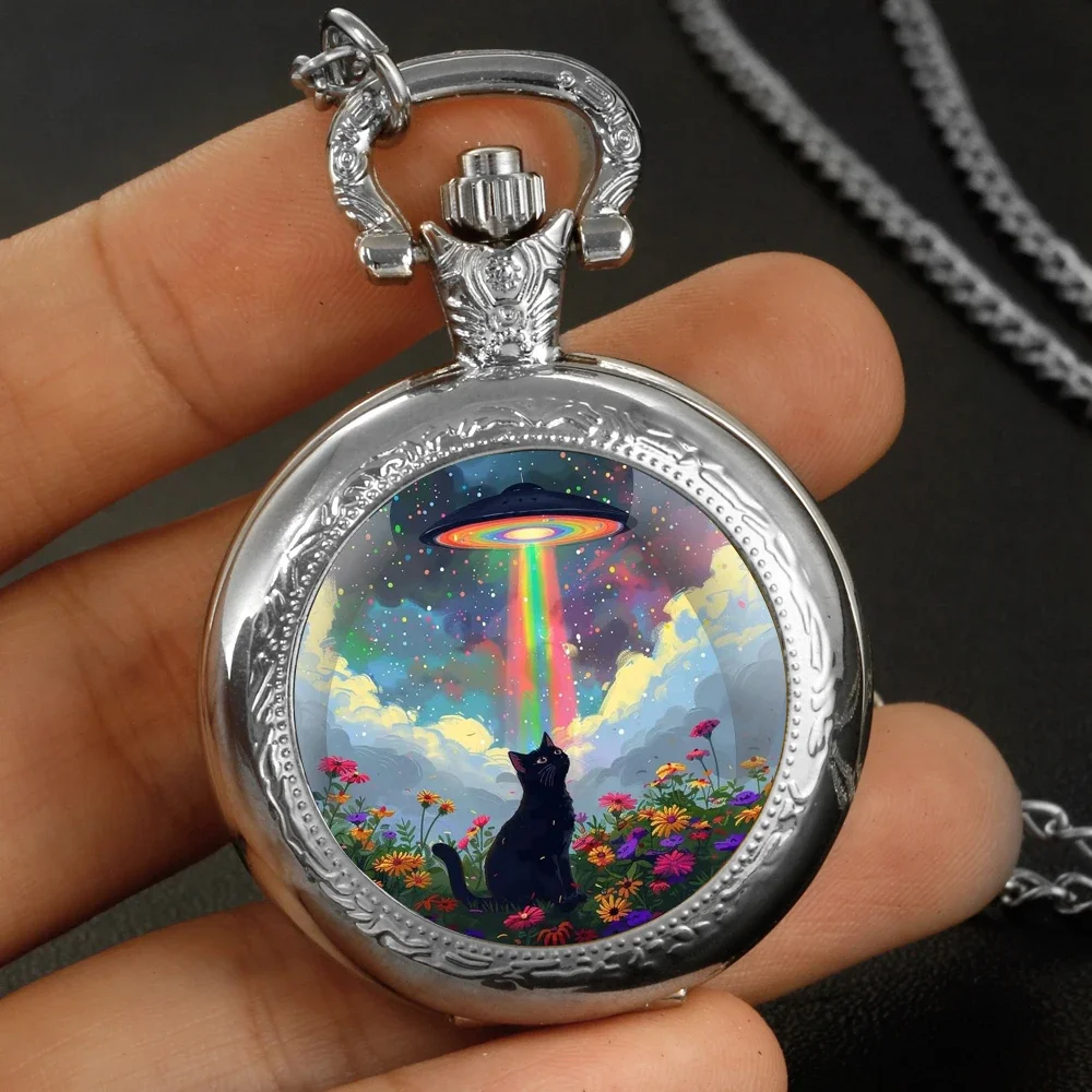 

Cat and Flying Saucer Glass Dome Quartz Pocket Watch with Arabic Numerals Dial Durable Chain Perfect For Easter Gifts