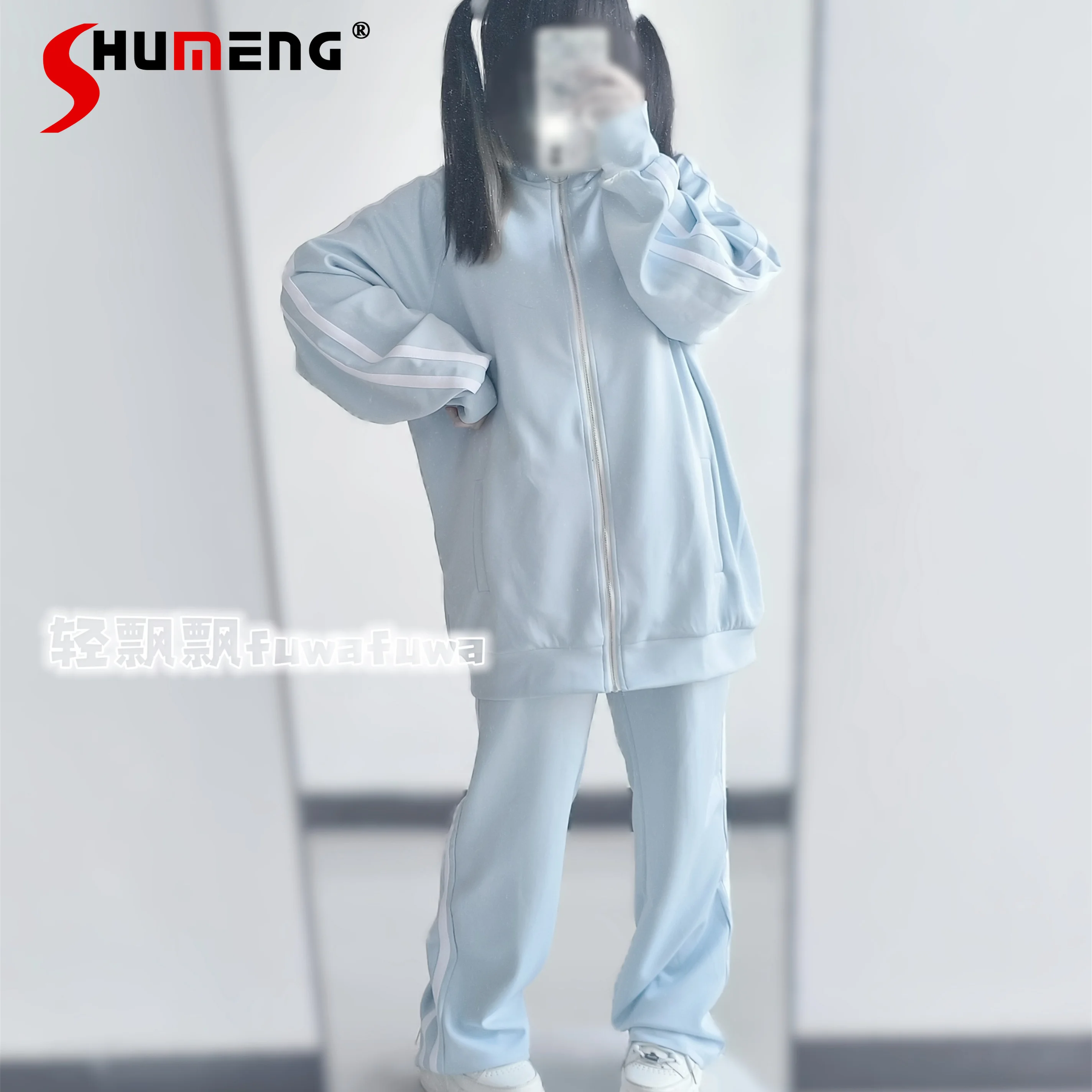 

Japanese Subculture Pant Sets Autumn New Sweet Girl Cute Sports Jacket+trousers Casual Student Loose Light Blue Outfits 2025