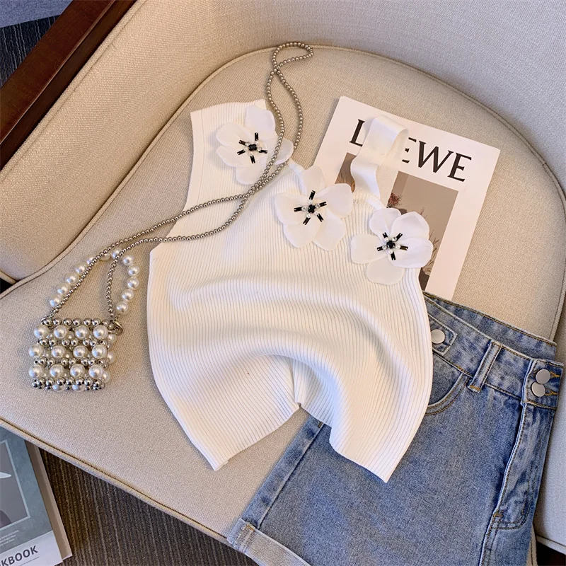 

2023 Summer New Fashion Women flower Crop Tops Diamond Camis Knitting Cute Tank Tops Ladies Sleeveless Solid Crop Tops Women Top