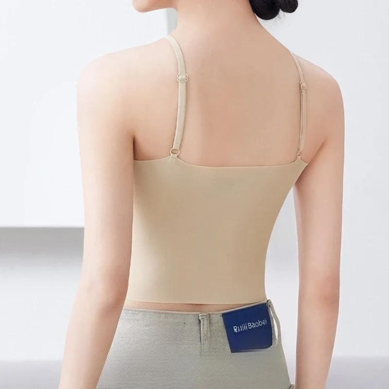 여성 섹시한 솔리드 컬러 캐미솔 아이스 실크 튜브 원활한 스포츠 탱크 탑 무선 속옷 패딩 브래지어 Bralette Vest