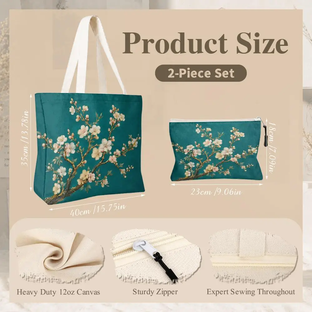 Chinoiserie Blossom Storage Bags 2-Piece Canvas Set With Zipper Large Capacity Reusable Work&School,&Shopping&Travel&Gift