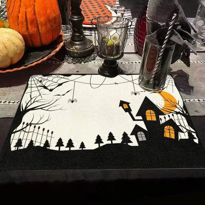 VIKAMA Black White Haunted House Halloween Placemat Linen Bat Spider Web Moon Print Gothic Table Decor