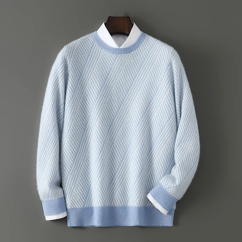100% Pure Wool Men's Round Neck Long Sleeve Knit Sweater 2025 Autumn Winter New Color Blocked Stripe Splicing Crew Neck Pullover