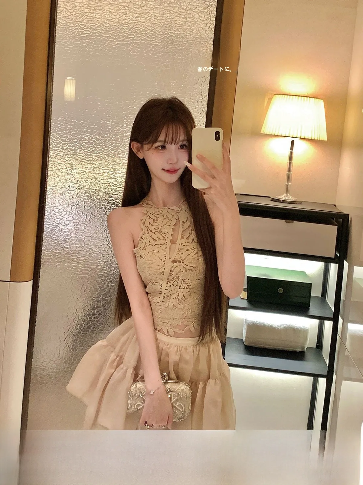 

YOLI Early Korean Women's Hazelnut Coffee Set Neck Hanging Strap Vest with Half-length Short Skirt Casual Style Polyester Fiber