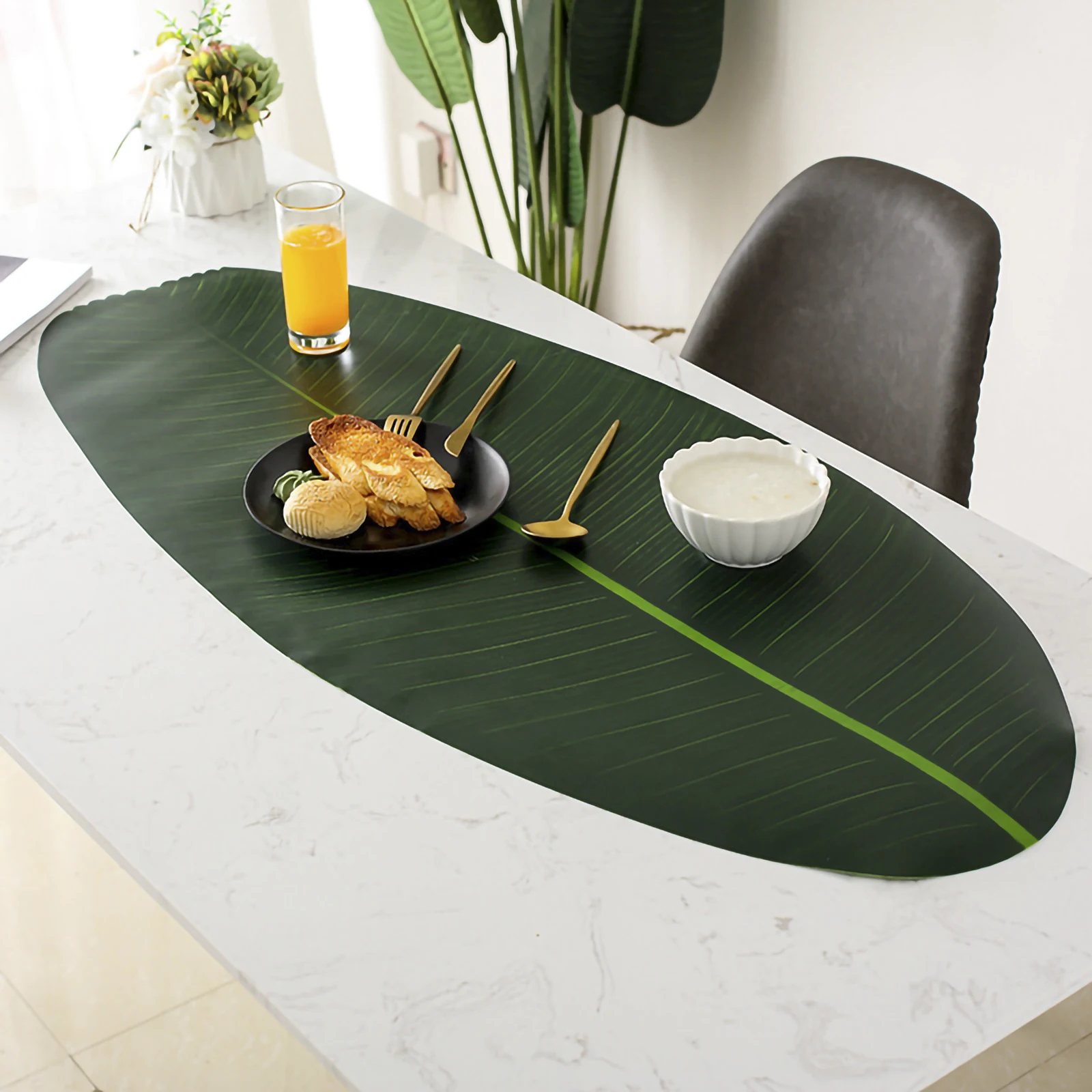 

Banana Fake Tropical Foliage Table Mat Palm Leaf Artificial Leaves Placemat Green Home Oil Proof Decorative Tablecloth Thick