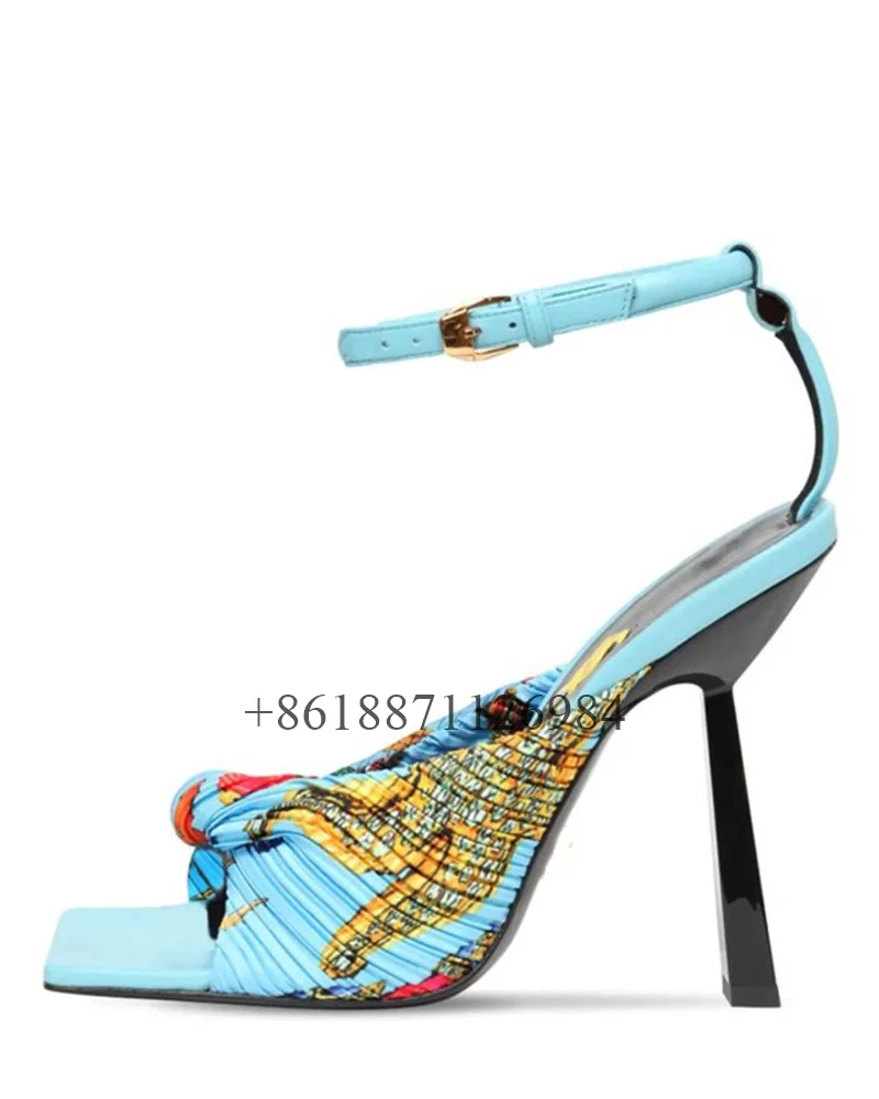 Genuine Leather Ankle Strap Square Toe Hand-Painted Summer Women Sandals Stiletto High Heels Buckle Strap Large Size Shoes