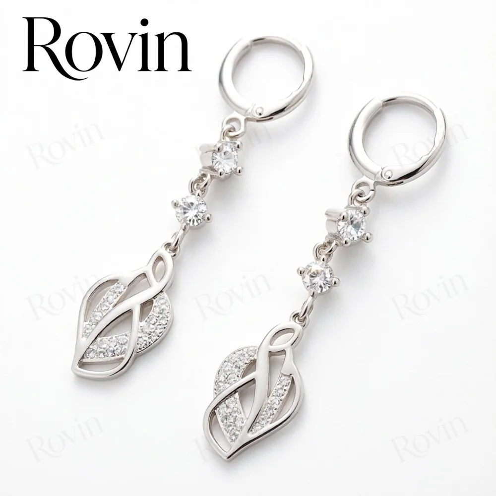 18K Gold Exquisite Openwork Zircon Leaf-Design Long Earrings – Fashionable Women’s Jewelry for Weddings and Parties