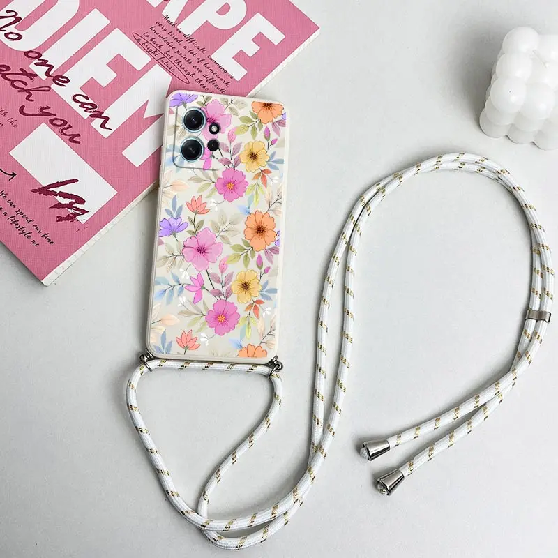 جراب هاتف سيليكون بحبل زهور أرجواني ، غطاء لهاتف شاومي ريدمي نوت 12 ، 12Pro ، 12S ، 12Pro Plus ، 11T ، 11S ، 13Pro ، 13 ، 13R ، N ote