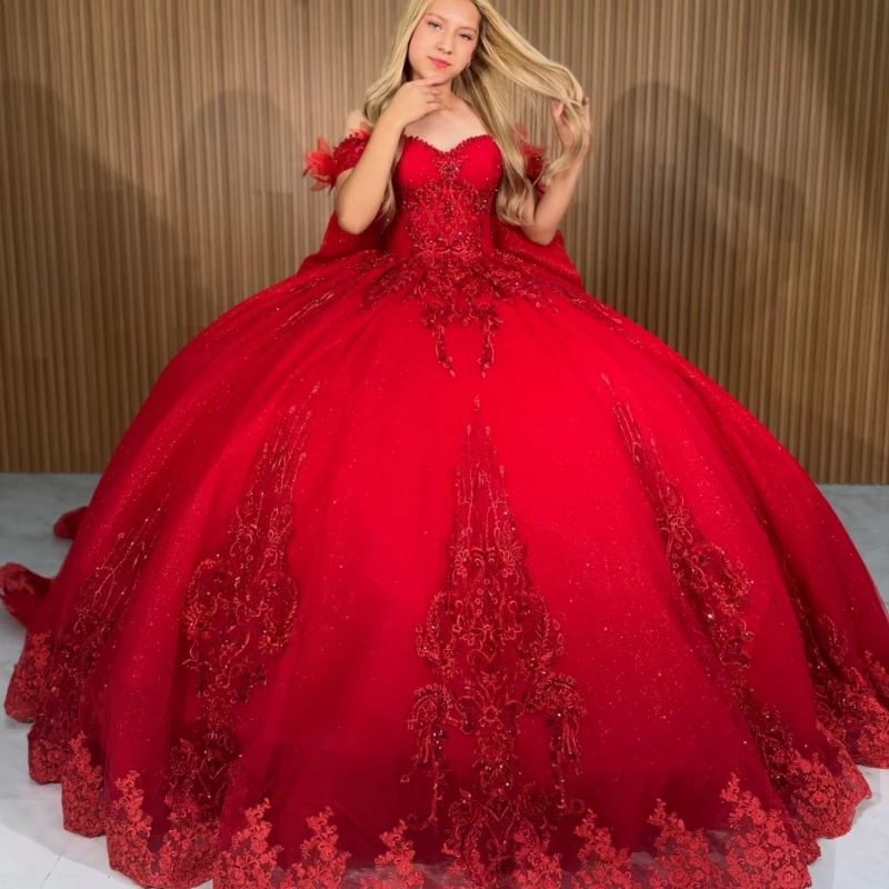 

Red Shiny Ball Gown Quinceanera Dresses Applique Lace Beading Crystal Bow Tiered Tull Corset Off The Shoulder Sweet 16 Dress