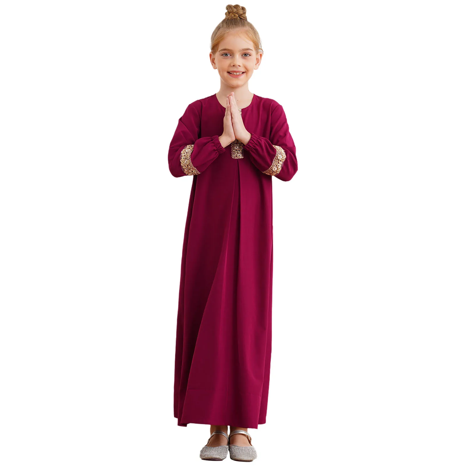 Girls Full Length Muslim Dresse Long Sleeve Abaya Prayer Clothes Loose Kaftan Maxi Gown for Ramadan Theme Party Masquerade