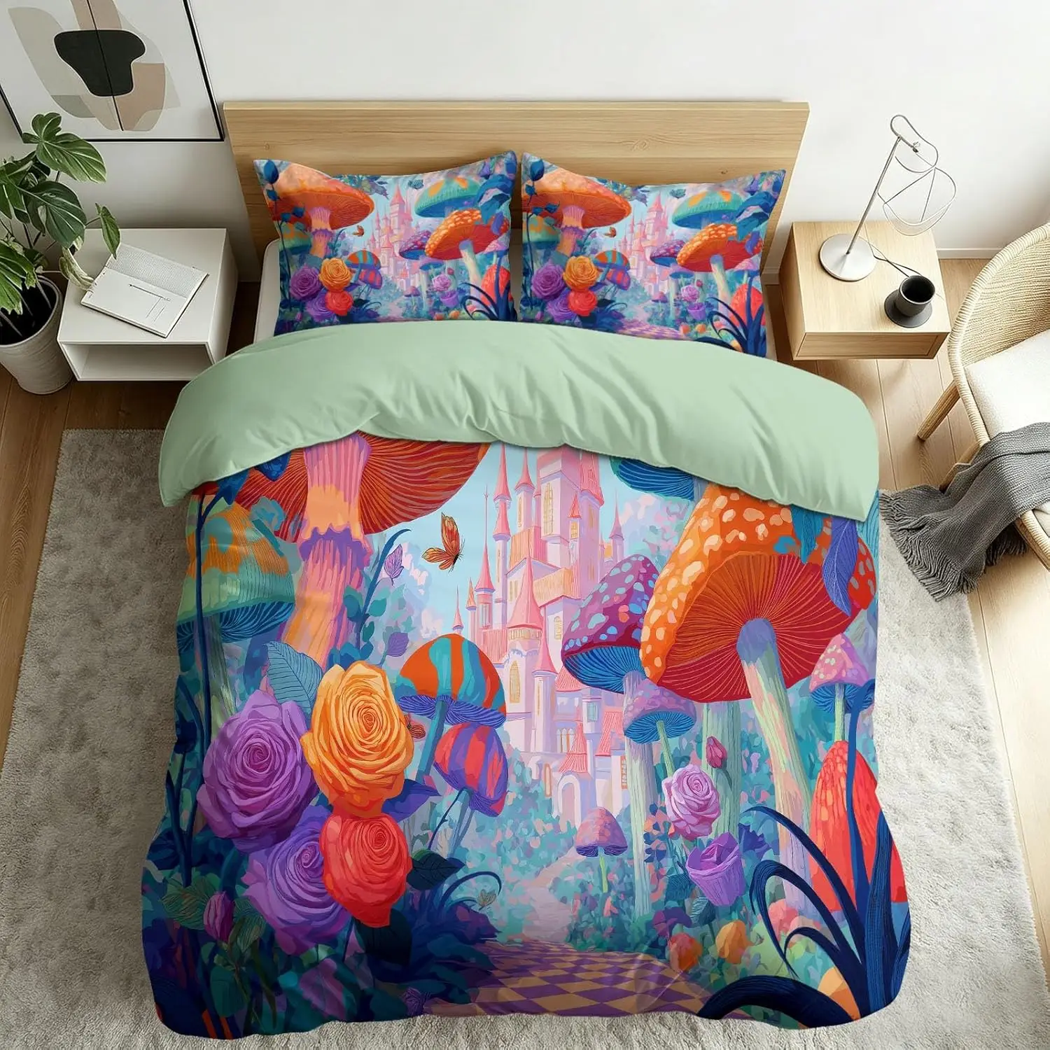 Summer Duvet Cover Set,Soft Breathable Cartoon Mushroom Leaves Bedding Set,Quilt Cover Washable Easy Care Duvet with Pillowcases