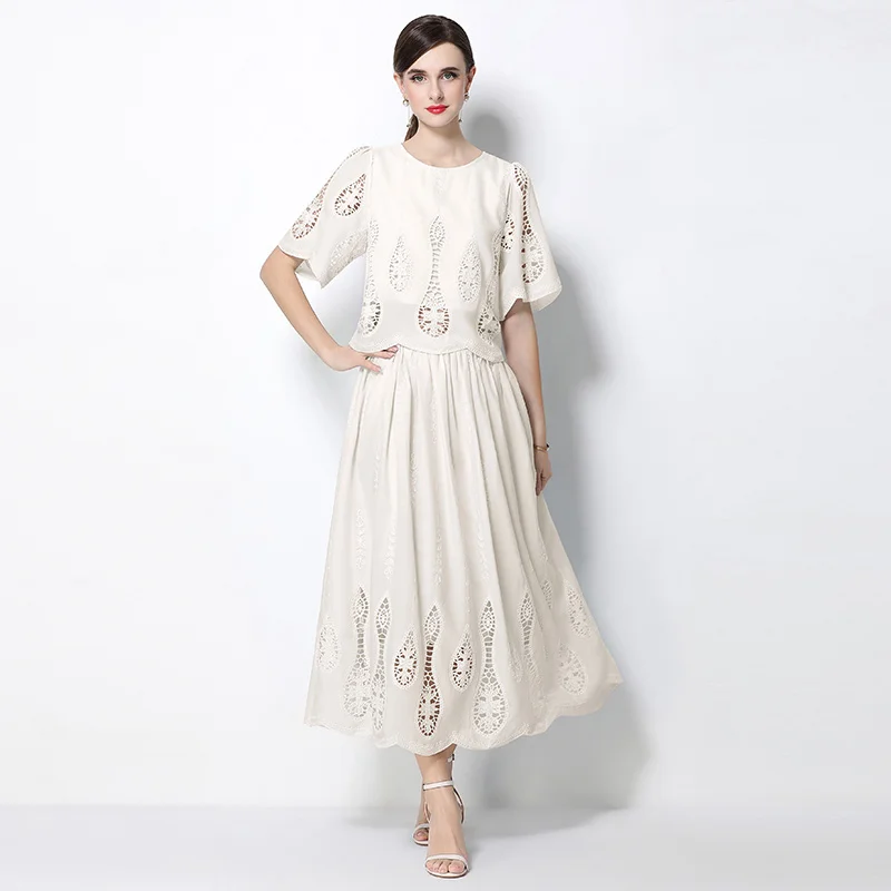 

Elegant 2 Piece Set Women Summer Spring Hollow Out Crochet Embroidery Prom Evening Party Long Dress Suits Crop Top Skirts Suits
