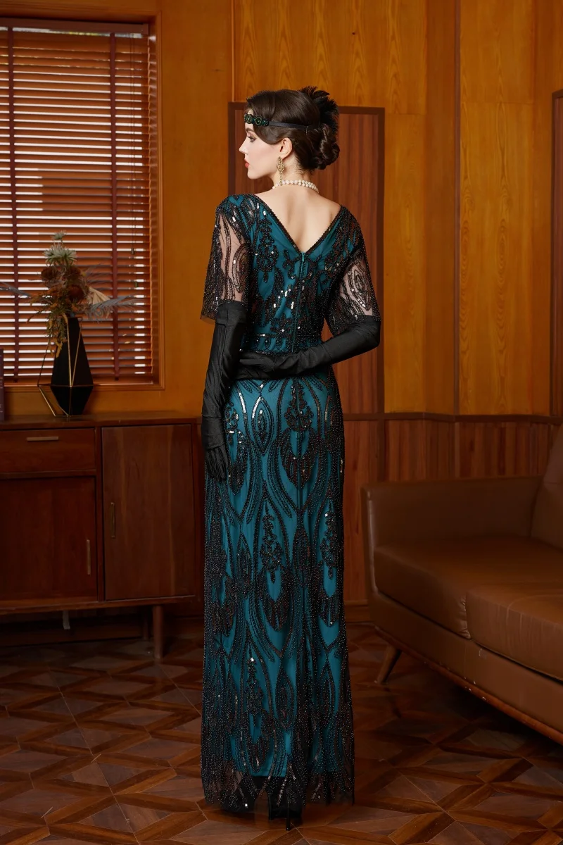 MISICHAO 1920s Inspired Sequin Embroidered V - Neck Sheer Sleeves Exquisite Detailing Gatsby Inspired