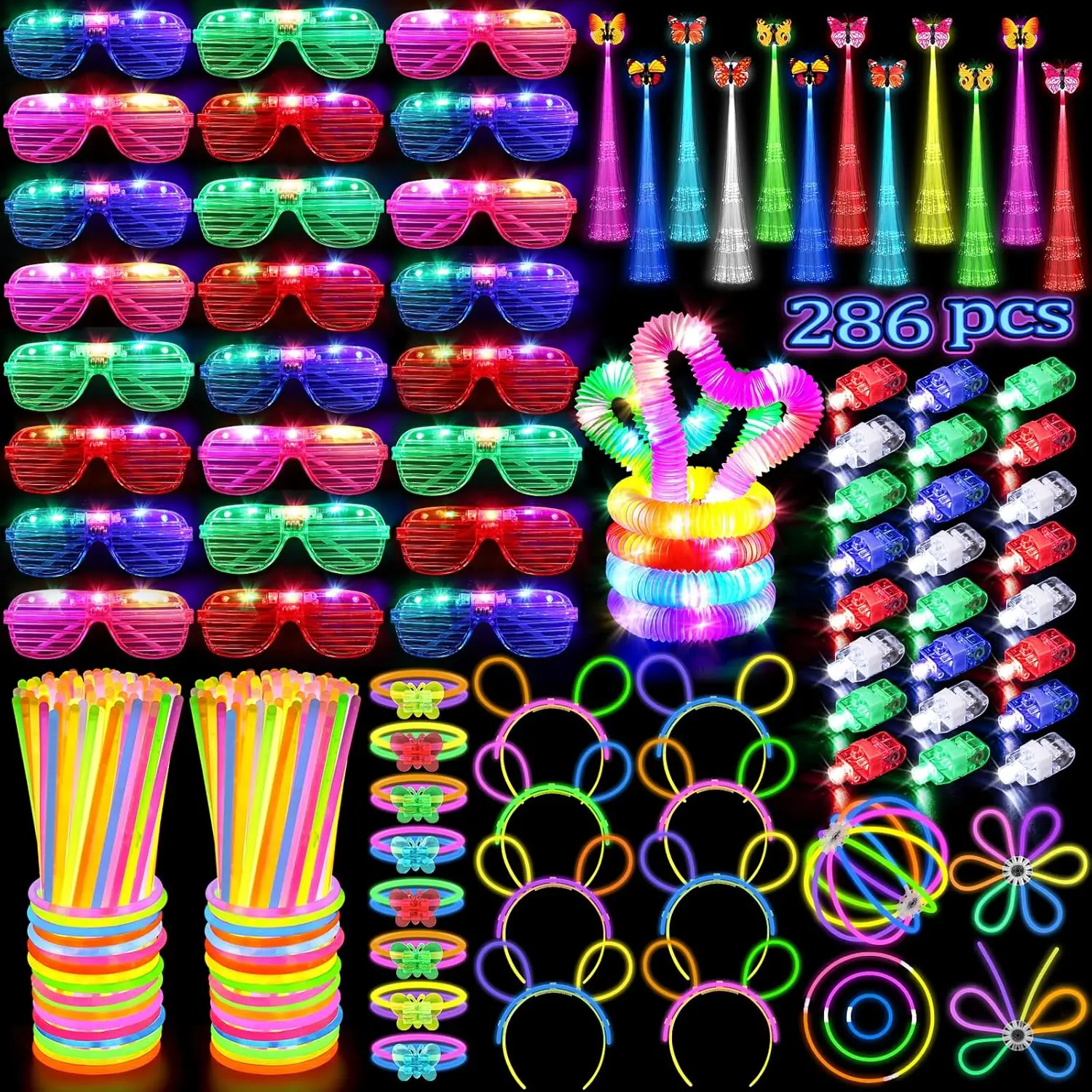 

286-Pack LED Party Supplies, Glow Glasses, Tubes, Hair Clips, Sticks, DIY Bracelets, Headbands for Neon Party