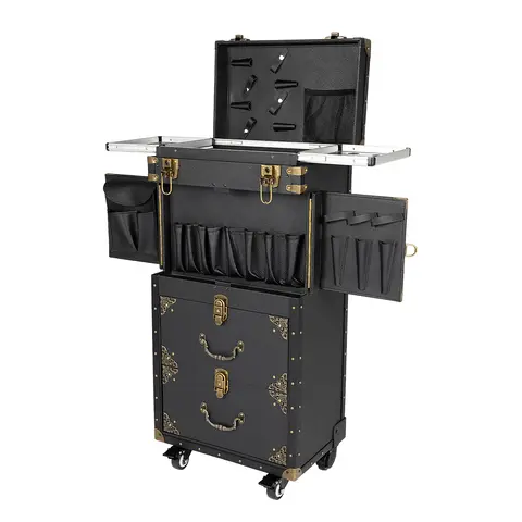 Portable Makeup Train Case with Aluminum Frame and Universal Wheels for Hairdressers and Makeup Artists