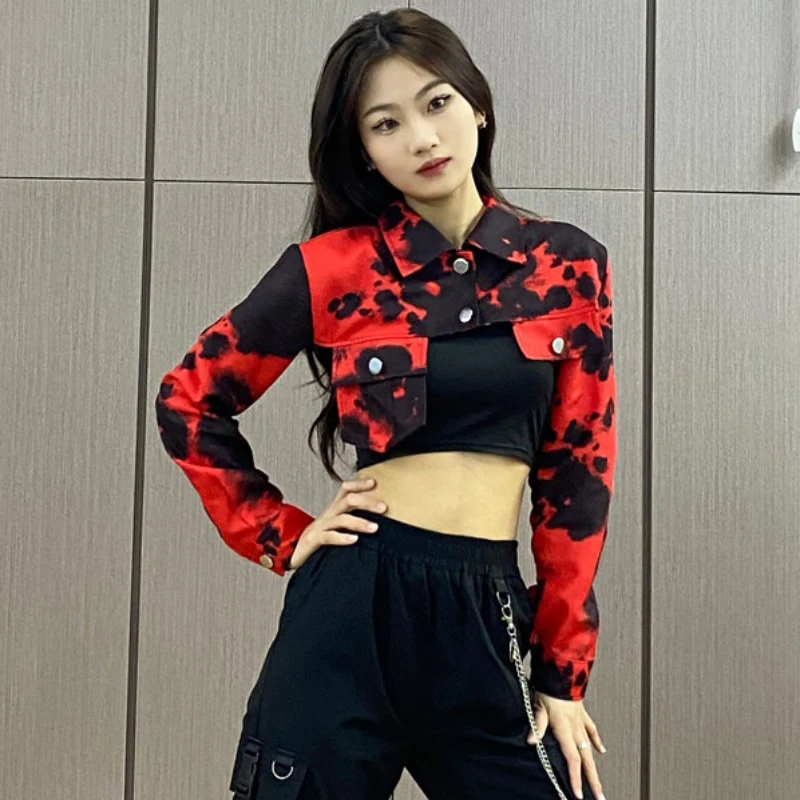 

Adults Jazz Performance Dance Costume Women Group Kpop Outfits Hip Hop Dance Clothes Red Top Jogger Pants Stage Gogo Wear XS7297