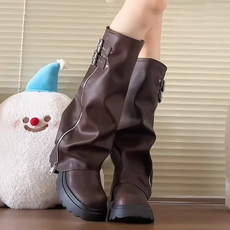 Punk Style Splicing Thick Bottom Women Knee-High Boots Fashion Zipper Female Pleated Knight Long Booties Shoes - view 5