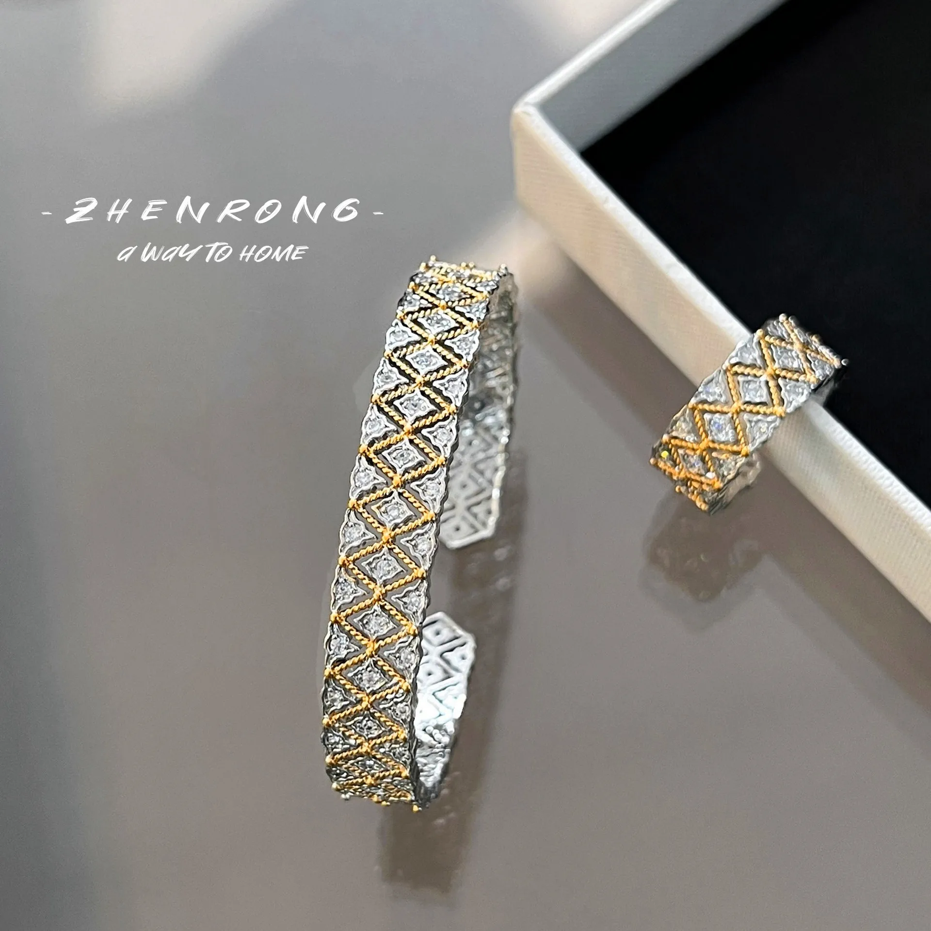 S925 sterling silver bracelet ring brushed craft weave engraved gold micro-inlaid high-grade diamond-set women