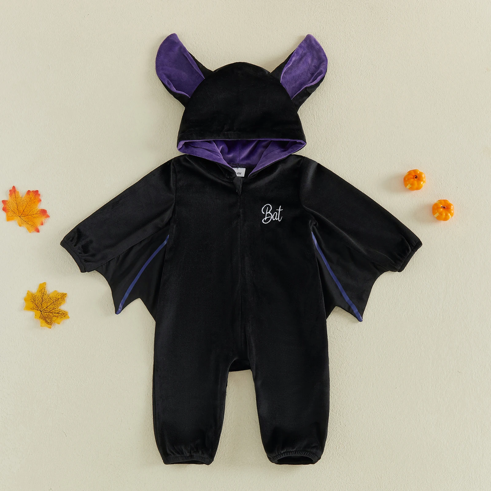 Baby Boy Bat Costume Halloween Funny Zipper Hooded Plush Romper Jumpsuits Halloween Cosplay Clothes