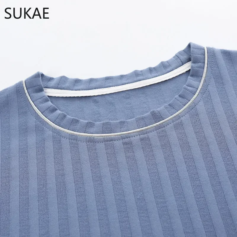 SUKAE-Conjunto de pijama de algodón de imitación para hombre, ropa de dormir con cuello redondo, pantalones cortos, informal