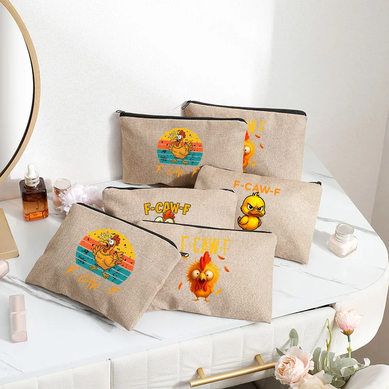 

2025 New F-CAW-F Chicken Cartoon Style Animal Meme Women Linen Makeup Bag Linen Cosmetics Bag Party Gift for Girlfriend