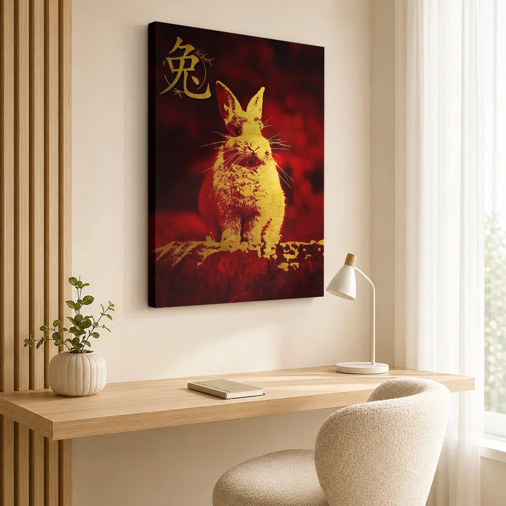 Chinese Zodiac Rabbit Wood Framed Canvas Poster Customized Photo Traditional Animal Wall Art For Living Room Housewarming Gift