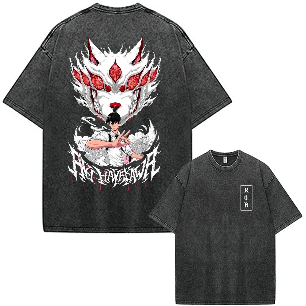 Anime Chainsaw Man Vintage Washed T-shirt Denji Pochita Devil Manga Graphic T Shirts Men Women Clothing Casual Fashion T-shirts