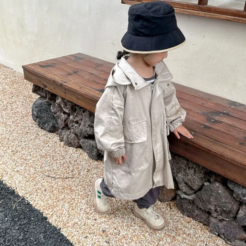 New Arrival Korean Style Kids Unisex Autumn Hooded Trench Coat Mid Length Waterproof Windbreaker Baby Toddler Outerwear