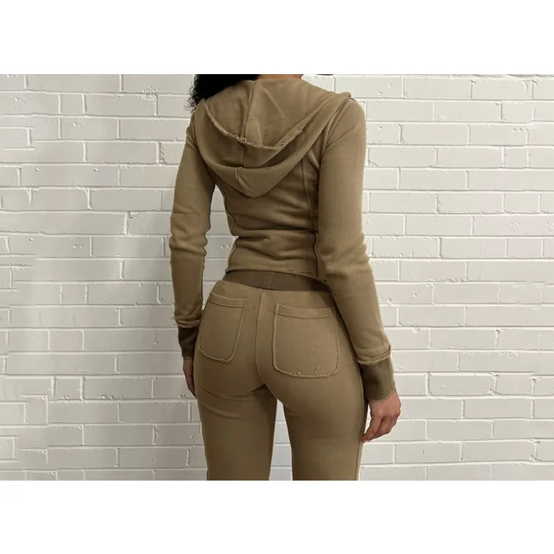 

Pocket Hooded Street Style Slim Fit Sports Suit Zipper Sweater Low Waist Pants Women's Suit