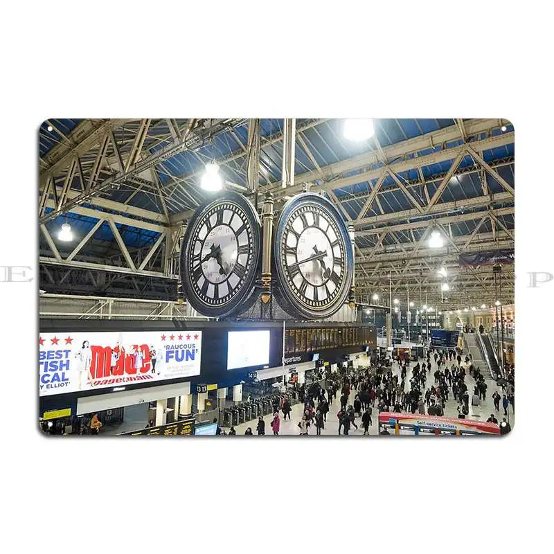 London Waterloo Station Clock Metal Plaque Poster Rusty Designing Party Plates Cave Designs Tin Sign Poster