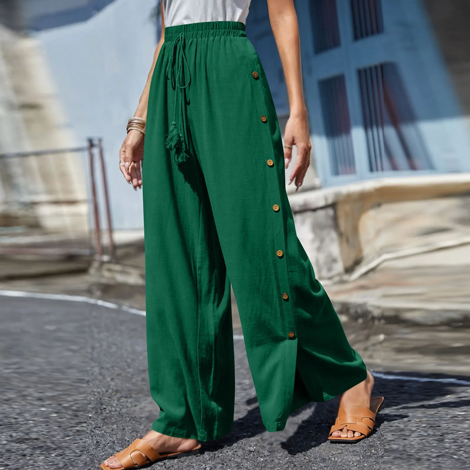 Summer New Women's Pants High-waisted Casual Trousers Solid Color Elastic Waist Lace-up Loose Wide-leg Trousers Women