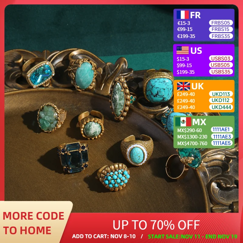 

Vintage Wedding Rings for Women Round Blue Natural Oval Green Crystal Horse Eye Shape Glass Retro Pattern Gold Color Jewelry